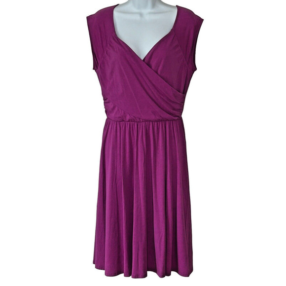 Garnet Hill Fit Flare Ruched Waist Size M Pink Cotton Stretch V Neck Cap Sleeves - Picture 1 of 5
